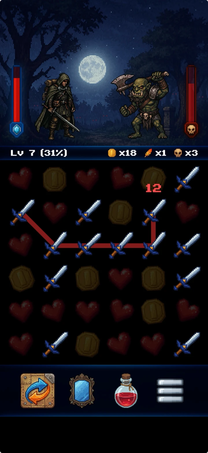 Dungeon Story battle board mid-run.