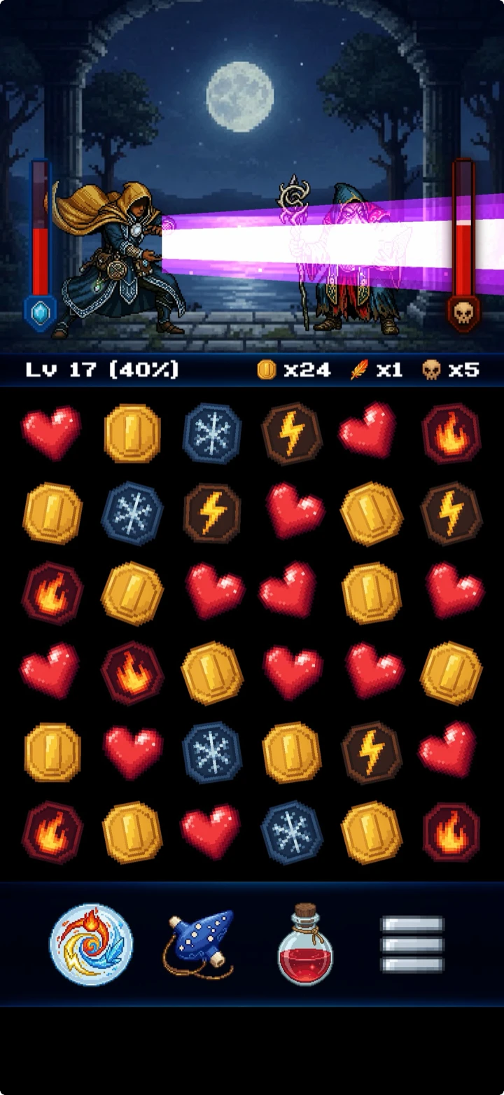 Dungeon Story arcanist battle with fire, ice, and lightning runes.