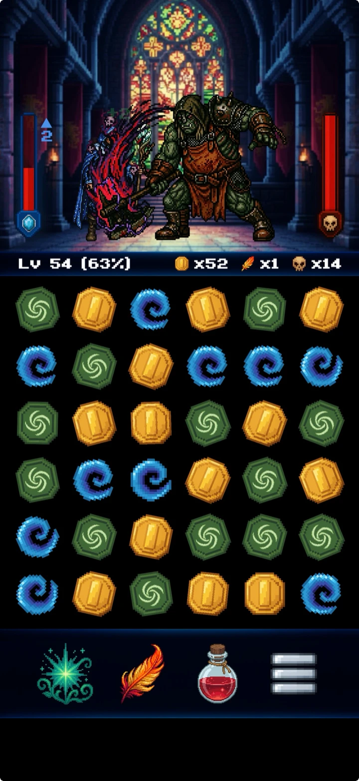 Dungeon Story necromancer battle against an orc brute beneath a stained-glass window.